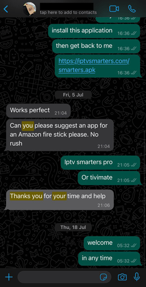 WhatsApp customer review with 5-star IPTV rating